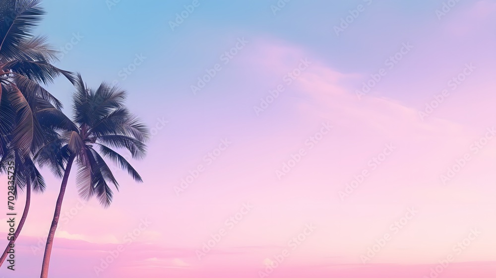 Green coconut palm trees on summer colorful pink sky with copy space. Beautiful tropical seascape background minimal style.