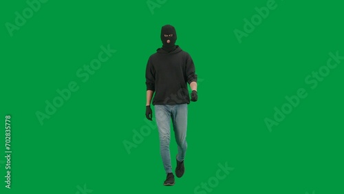 Portrait of thief on chroma key green screen background. Man robber wearing hoodie, jeans and black balaclava, walking getting ready for making a crime. © kinomaster