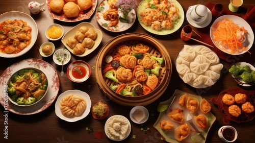 Overhead photo of traditional Chinese dishes on Chinese new year 2024, Year of the dragon, China lunar new year zodiac celebration asian cultural event gong xi fa cai