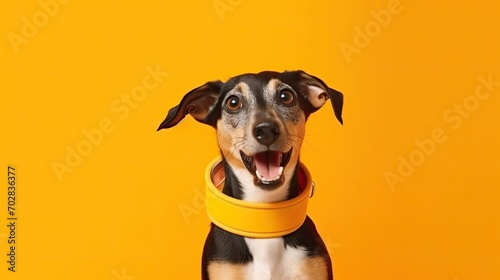 Happy dog ​​photo with solid yellow background. Studio style.