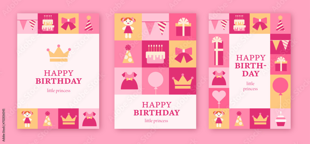 Fototapeta premium Set of 3 happy birthday pink postcards for girl