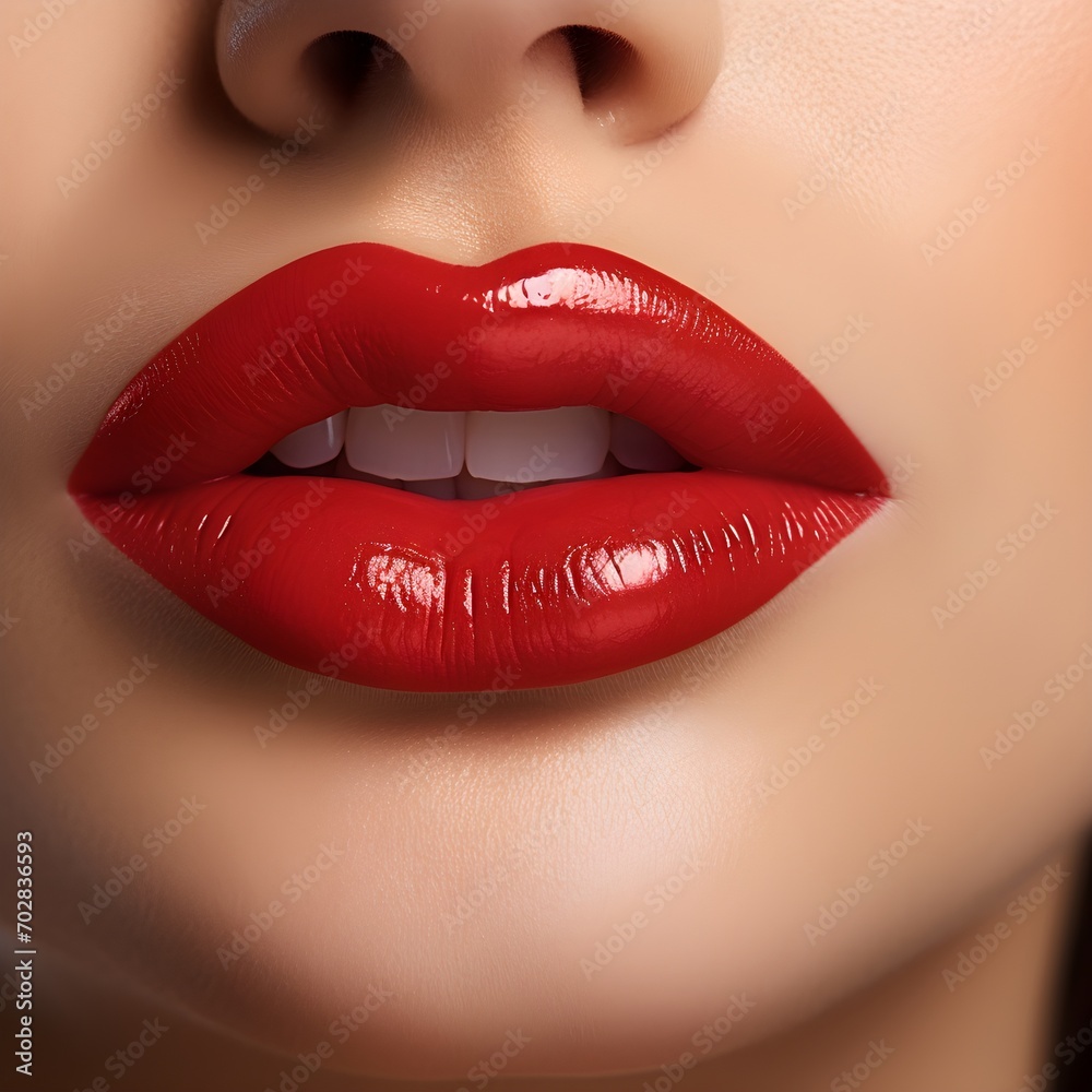 Fototapeta premium Close up lips of woman, bright red lipstick, Radiant, Youthful, Glowing, Flawless, Elegance, Chic, Alluring, Timeless, Glamorous, Confidence, beautiful white teeth, mouth slightly open