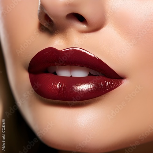Close up lips of woman, dark red lipstick, Radiant, Youthful, Glowing, Flawless, Elegance, Chic, Alluring, Timeless, Glamorous, Confidence, beautiful white teeth, mouth slightly open
