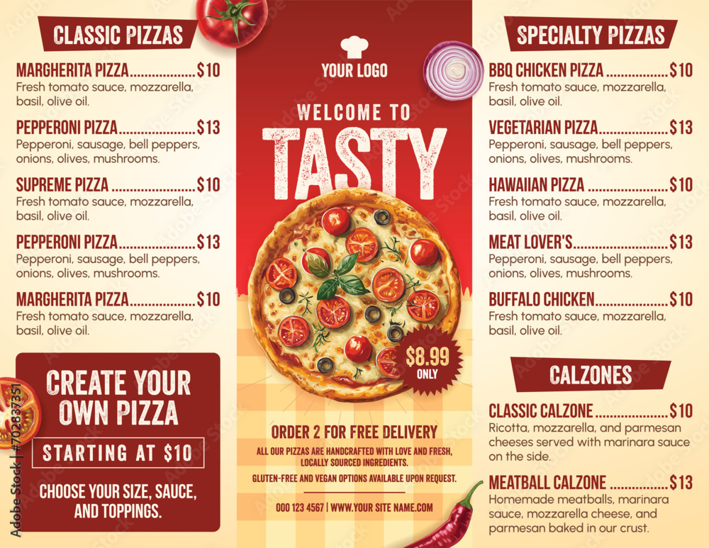 Pizza menu landscape template design. Vector illustration of food menu for pizza shop, cafe, and restaurant