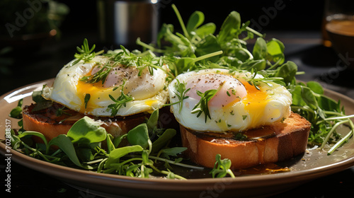 Eggs Benedict: English Muffins Topped with Fresh Arugula, Creamy Avocado Slices, and Perfectly Poached Eggs, Offering a Nutritious Twist on a Classic Breakfast Dish photo