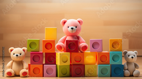 Educational Kids' Toy Collection Featuring a Teddy Bear, Wooden Rainbow, Pink Cubes, and Colorful Balls on a Vibrant Yellow Background, Inspiring Learning and Imagination