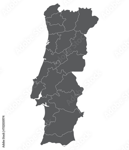 Portugal map. Map of Portugal in administrative provinces in grey color