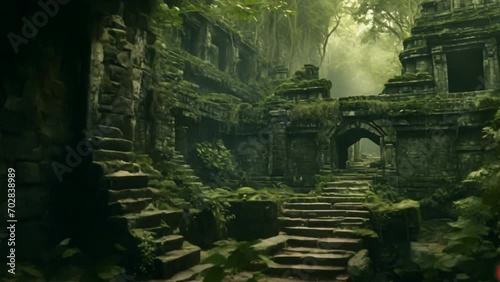 Ruins of an old lost city in the middle of the jungle. Ancient world concept. Architecture of past centuries. Nature has defeated civilization. Historical archaeological find. Green buildings. photo
