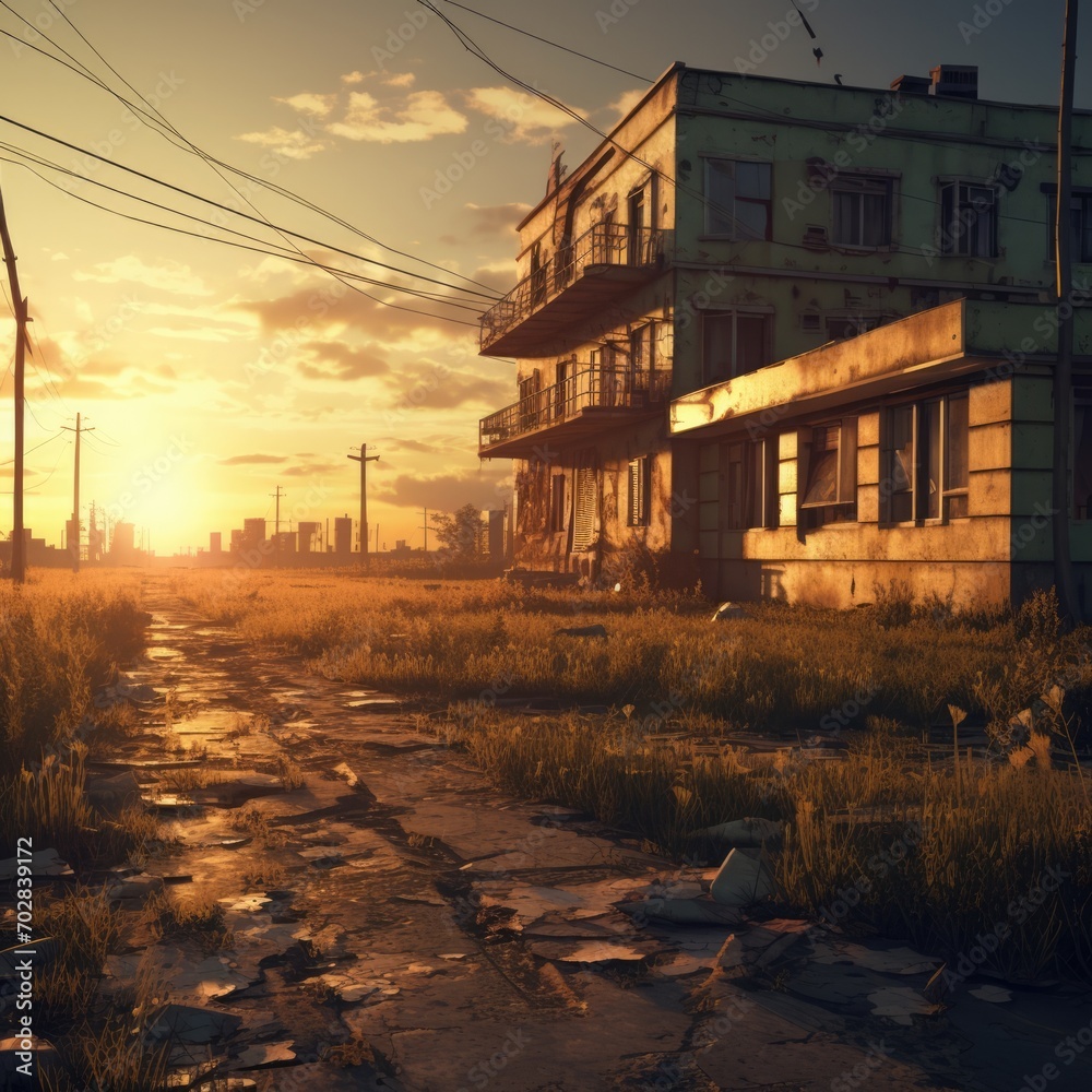 Post-apocalyptic abandoned city. Destroyed overgrown town after apocalypses. Depressive abandoned city. Post-apocalyptic abandoned city. Destroyed overgrown town after apocalypses. Depressive abandoned city.