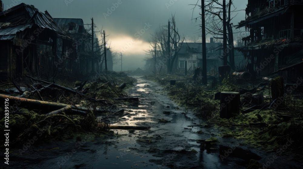 Post-apocalyptic abandoned city. Destroyed overgrown town after apocalypses. Depressive abandoned city. Post-apocalyptic abandoned city. Destroyed overgrown town after apocalypses. Depressive abandoned city.