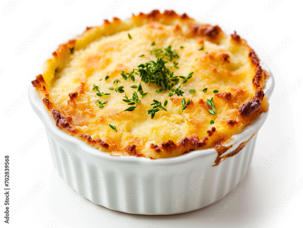 Shepherd's pie isolated on a white background. Is a popular and famous food in Britain. - obrazy, fototapety, plakaty 