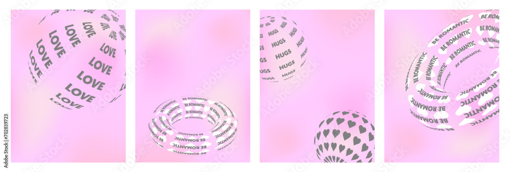 Set of Valentine's Day posters with hearts and abstract elements. Delicate backgrounds in y2k style with gradients.