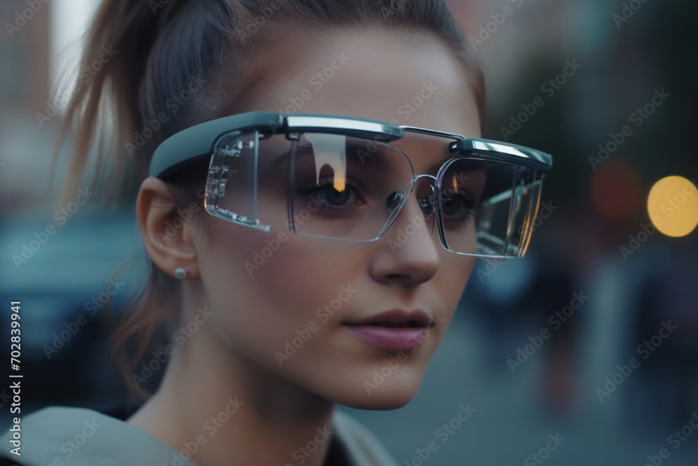 concept transparent glasses of augmented reality on a person in the middle of the city. Generative Ai concept transparent glasses of augmented reality on a person in the middle of the city. Generative Ai