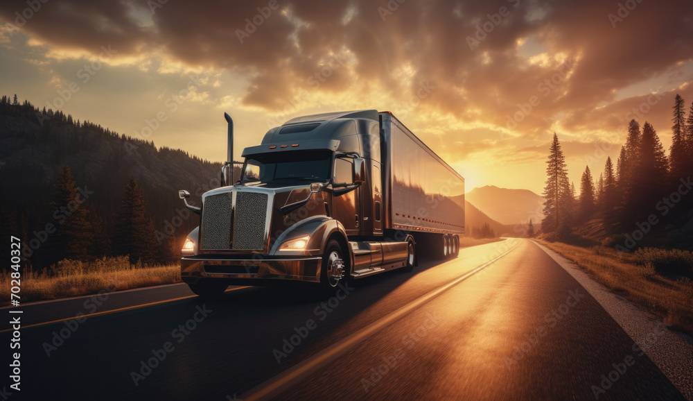 Obraz premium A truck travels along the highway against the evening sky, facilitating freight transportation across America, Generative AI