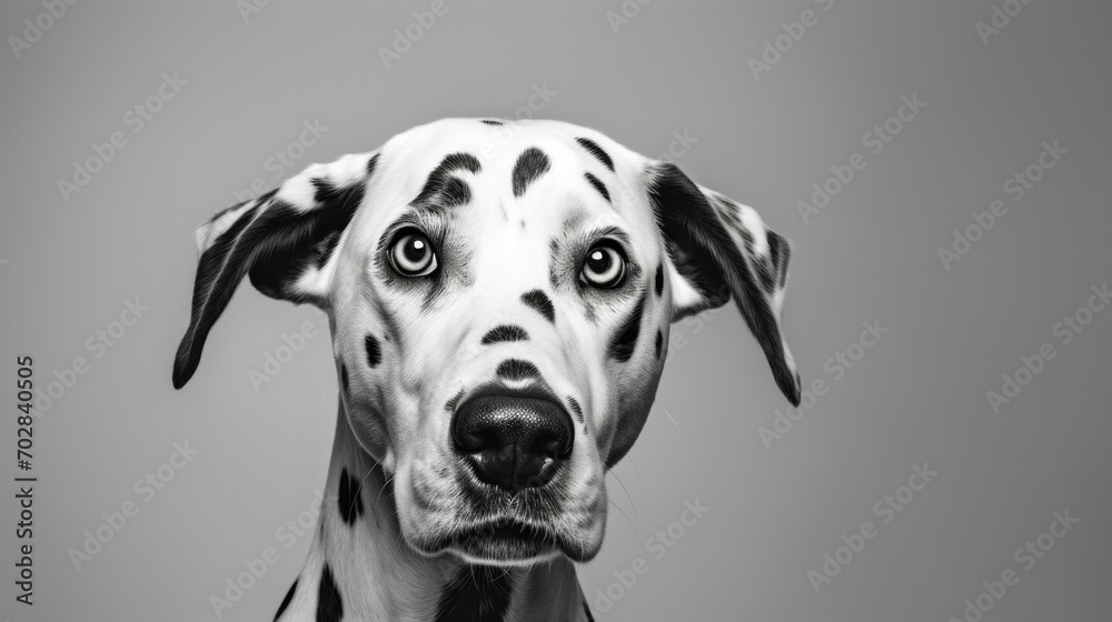A black and white dalmatian dog looking at the camera