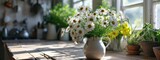 daisies in white vase in old interior style