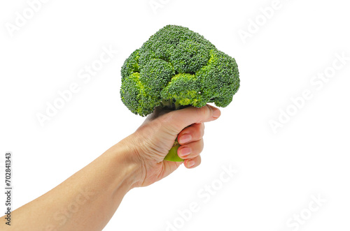 Female hand holding green broccoli isolated on white background. Diet, weight loss, healthy eating.