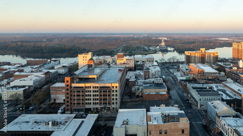 Aerial view of Downtown Wilmington during sunrise.
