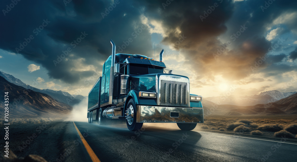 A truck travels along the highway against the evening sky, facilitating freight transportation across America, Generative AI
