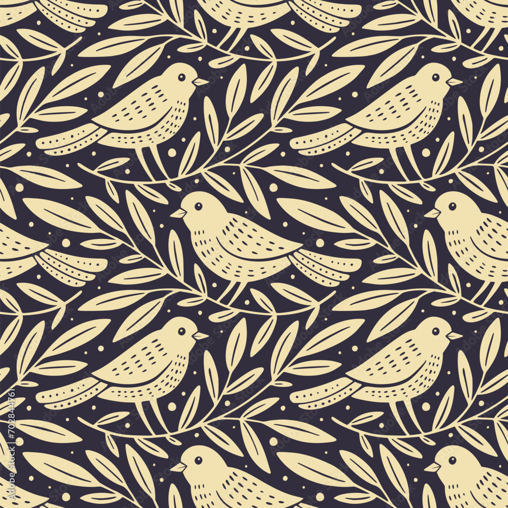 Hand drawn seamless pattern with decorative birds and branches Nature floral forest seamless pattern Hand drawn seamless pattern with decorative birds and branches Nature floral forest seamless pattern