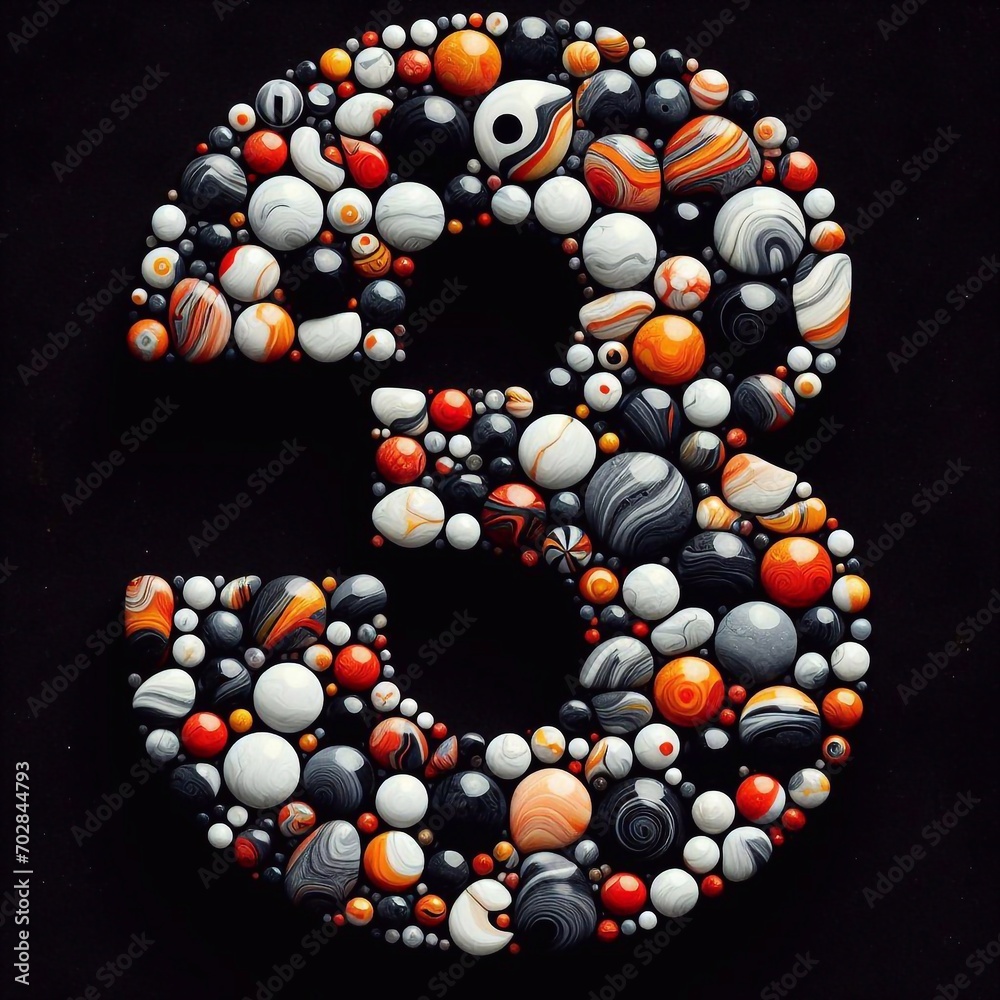digit 3 shape made of marble pebbles. AI generated illustration