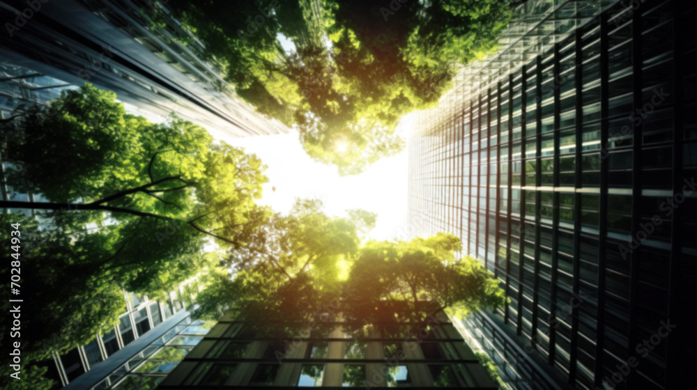 Eco-friendly building in the city, modern building reflects nature and, sustainable glass building for reducing heat and carbon dioxide, Office building with a green environment, Blurred image Eco-friendly building in the city, modern building reflects nature and, sustainable glass building for reducing heat and carbon dioxide, Office building with a green environment, Blurred image