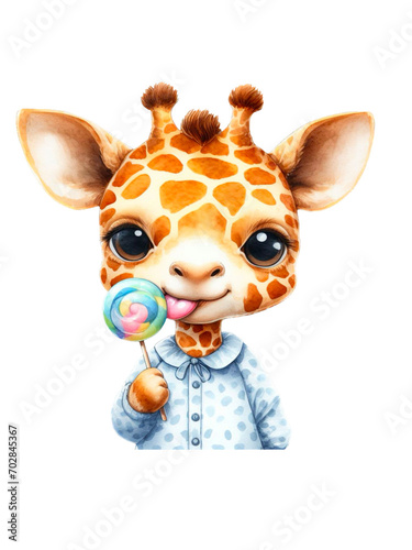 Kleine Giraffe mit Lolli, niedliches Kindermotiv, PNG