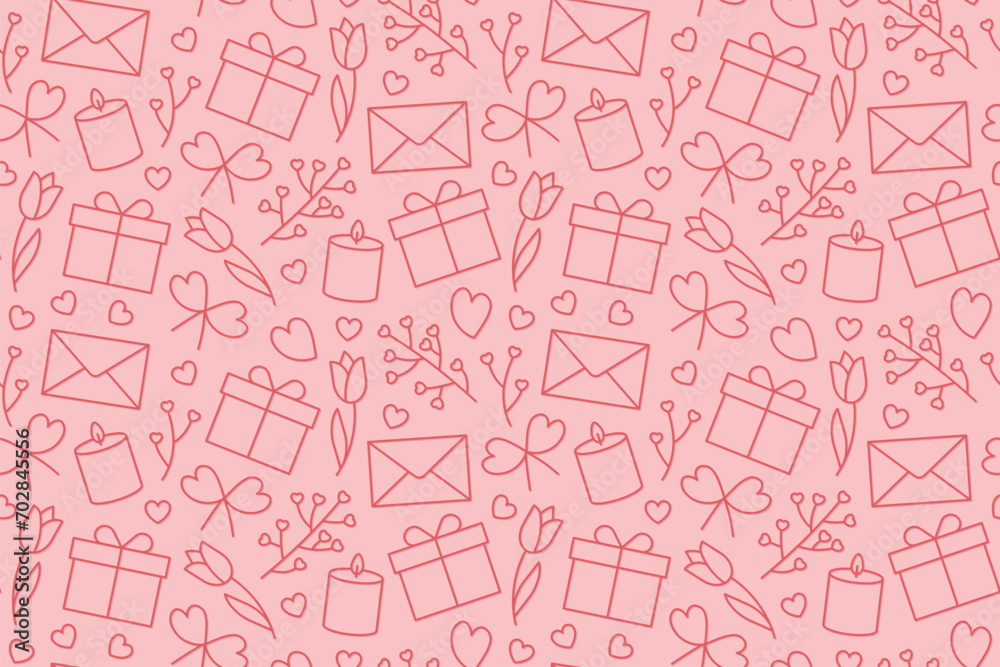 seamless love, Valentine's Day pattern with heart, candle, gift, twigs, tulips, letter icons - vector illustration