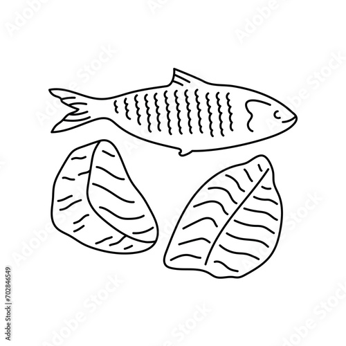 Hand drawn fish: tuna, fillet, herring color element. Cartoon unprocessed food.