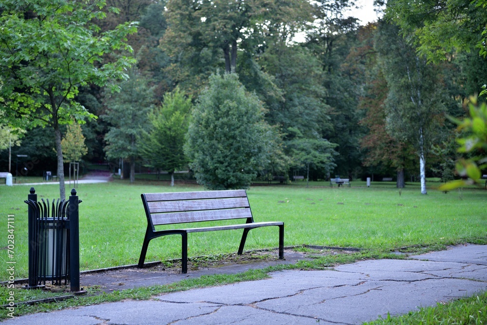 Detail of the rest benches in the spa forest park for visitors