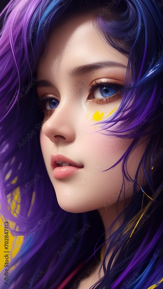 Neon-lit scene featuring a girl with colorful hair and captivating blue eyes. Neon-lit scene featuring a girl with colorful hair and captivating blue eyes.