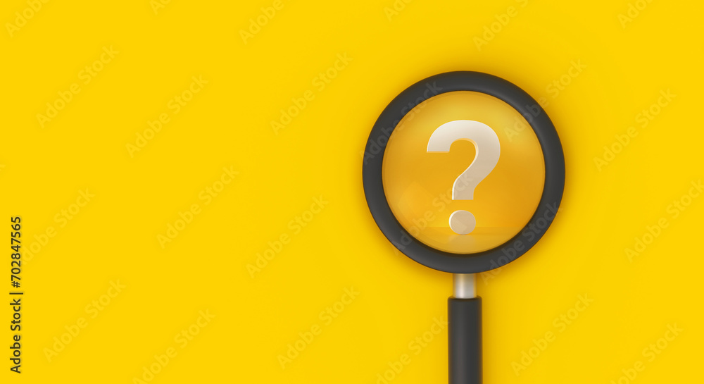 Magnifying glass with question mark on yellow background, search, question answer, problem or business solution concept. - obrazy, fototapety, plakaty 