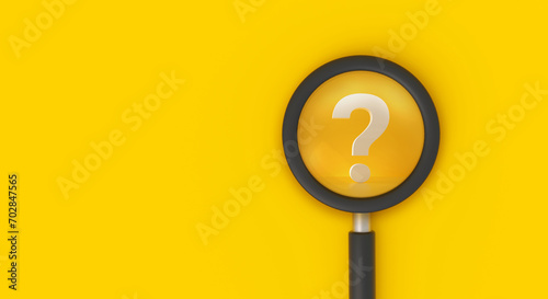 Magnifying glass with question mark on yellow background, search, question answer, problem or business solution concept. photo