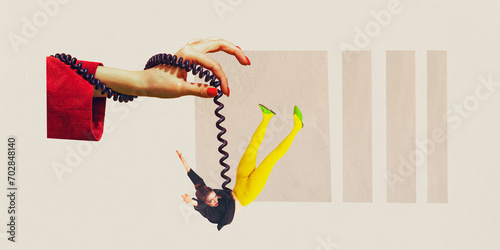 Contemporary art collage. Girl hangs on telephone cord like puppet and hand manipulates and controls her. Trendy magazine style. Concept of mental health care, emotional pressure, apathy, melancholy.