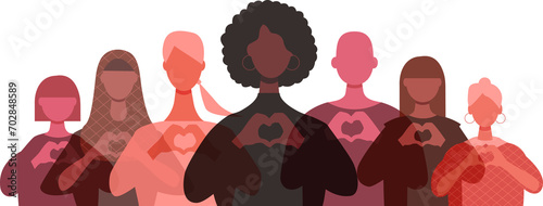 Diverse women with heart-shaped hands stand together.