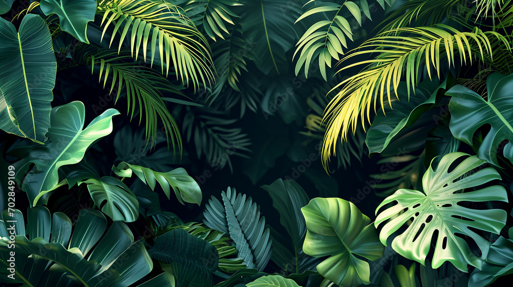 3D illustration images of foliage from tropical plants that fill space in high density.