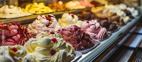 Italian artisan gelato on display in a traditional shop.