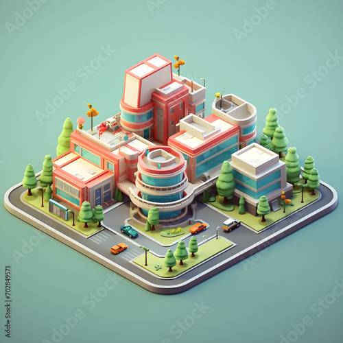 isometric little Hospital, cartoon style, american, sd, generative AI tools.