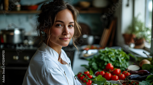 Vegan cook in her kitchen. Vegan and vegetarian food, healthy food