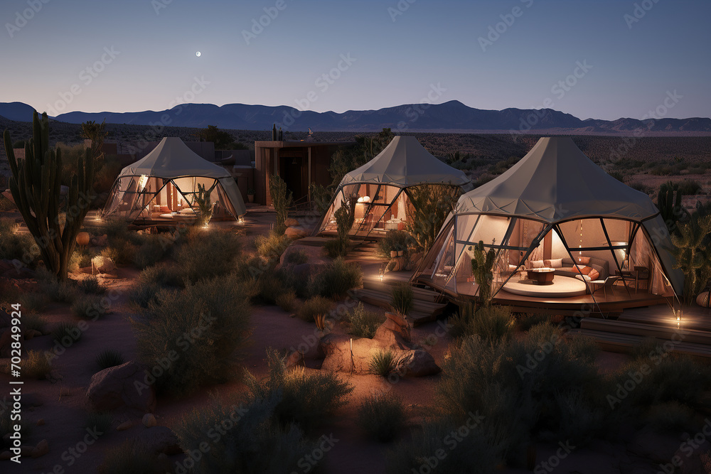 Luxurious glamping tents in a desert under a starry sky offer a blend of adventure and comfort.