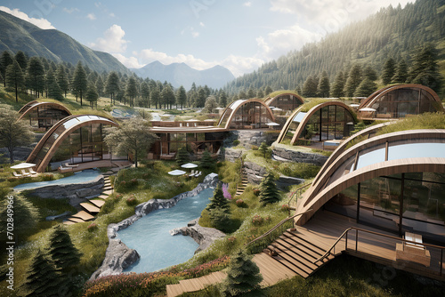 Sustainable mountain resort with natural water features and organic architecture nestled in a forested valley.
