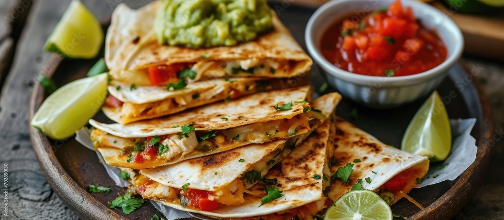 Mini chicken quesadillas made at home with salsa and guacamole. - obrazy, fototapety, plakaty 