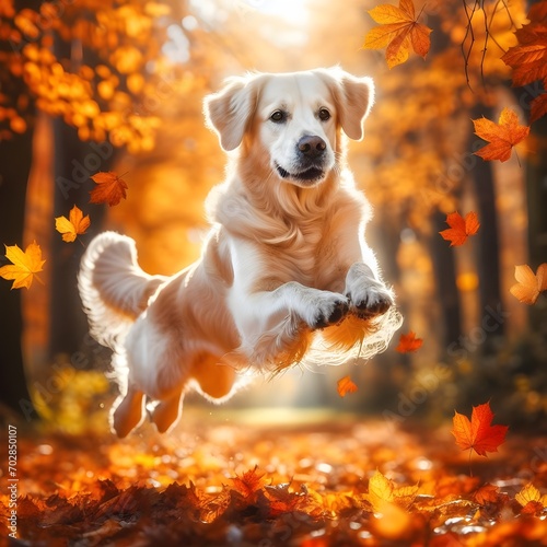 Golden Retriever Leaping Through Leaves, A Joyful Display of Playful Canine Elegance. Generative ai