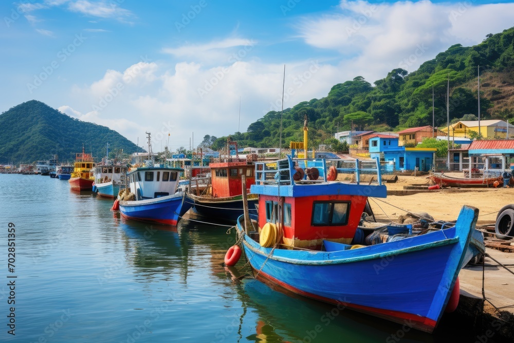 A traditional fishing village with colorful boats lined up along the shore A traditional fishing village with colorful boats lined up along the shore