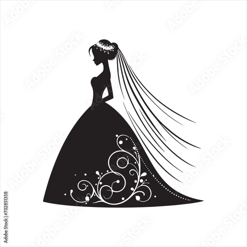 Radiant Twilight Bride Silhouette: Illuminated Moments for Romantic Designs and Bride Black Vector Stock
