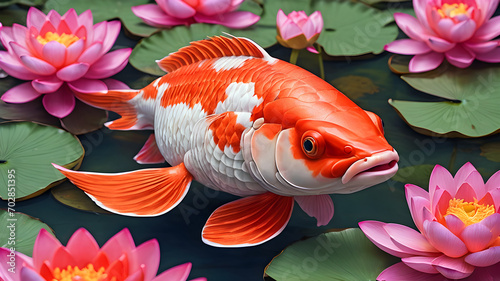bright colorful Japanese carp in a pond with pink lotus flowers. colorful fish in the water