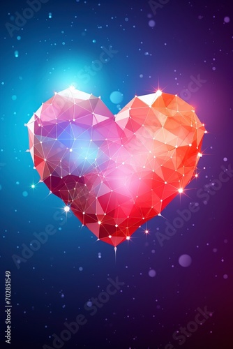 Polygonal love valentine heart made of connected lines and dots on blurred gradient multicolor background for greeting card. Valentine's Day holiday banner concept, copy space - generative ai