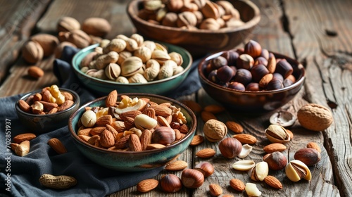 Assorted nuts in dishes on wooden table