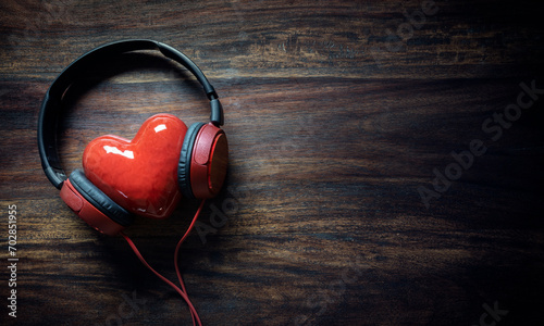 Headphones and red heart concept for love listening to music background photo