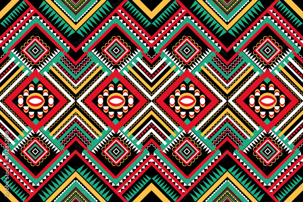 ethnic design pattern seamless tribal India green red black white geometric shapes colored triangles arranged together
design for paints Textile carpet  